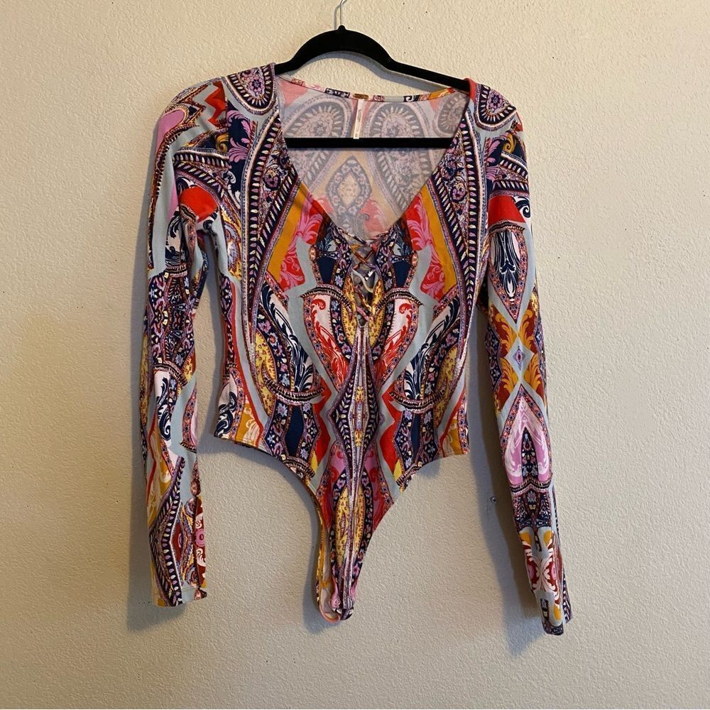 Free People bright paisley low-cut strappy bodysuit